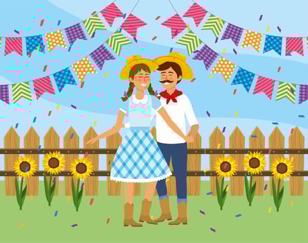 woman and man couple dancing to festa junina vector