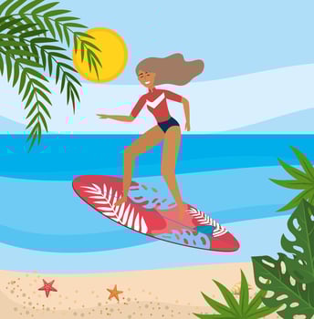 woman wearing swimsuit and surfing with leaves plants vector