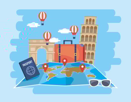global map location with air balloons and passport vector