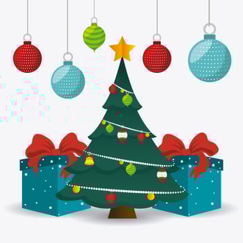 Merry christmas card design with hanging ornaments and gifts around tree vector