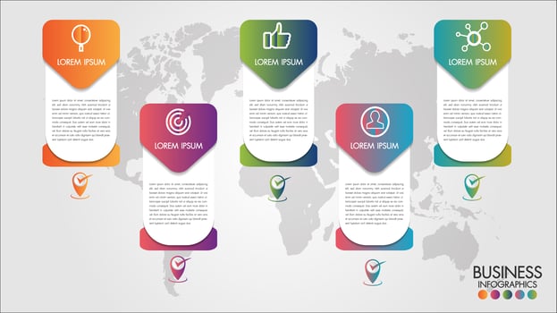 World map business infographics 5 banner step options vector