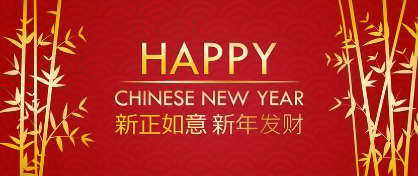 Happy Chinese New Year greeting card with gold bamboo on red pattern vector