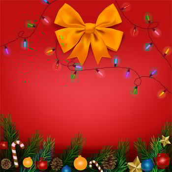 Christmas Tree Branches with Ornaments on red background with Bow and Lights vector