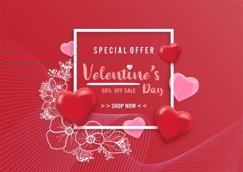 Valentines day sale background with balloons heart pattern and flower illustration vector
