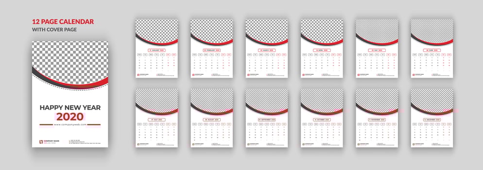 12 pages wall calendar 2020 with cover page vector