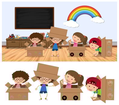 Kids playing in boxes on white vector