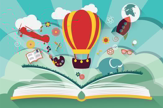Imagination concept - open book with air balloon, rocket and airplane flying out vector