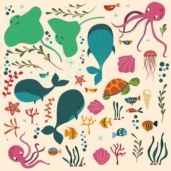 Collection of colorful sea and ocean animals vector