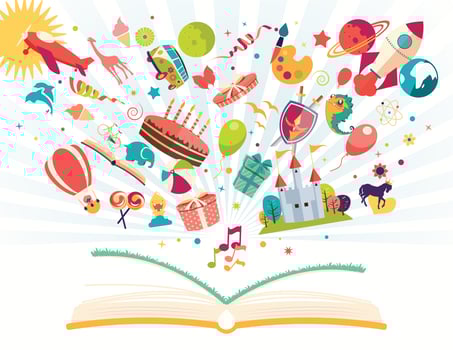 pen book with air balloon, rocket, airplane flying out vector