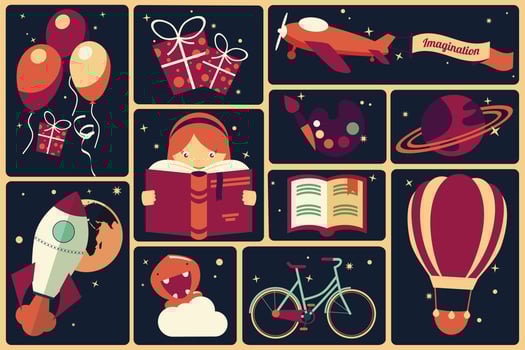 Set of imagination items and a girl reading a book vector