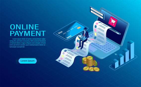 Online payment with computer landing page vector