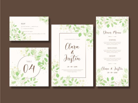 Elegant Green Foliage Wedding Invitation Card Set vector