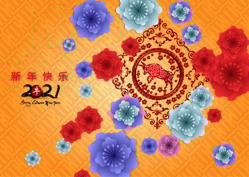 Chinese New Year 2021 Year of the Ox on Orange Pattern with Flowers vector