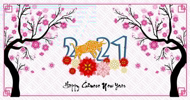 Chinese New Year 2021 with Trees and Pink Flowers vector