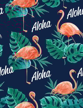 Watercolor Pattern of Flamingos, Leaves and Aloha text vector