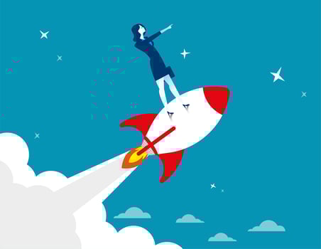 Start Up Businesswoman Standing on Rocket vector