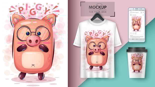  Cartoon Piggy with Glasses Design vector