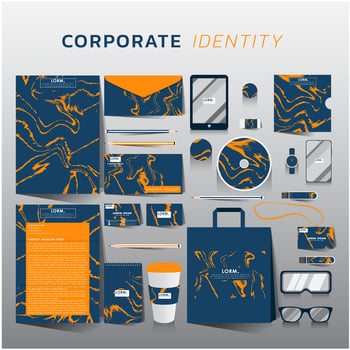 Corporate identity set on blue with orange marble design vector