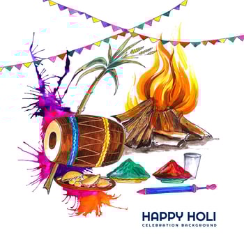 Watercolor Card with Colorful Holi Elements and Garland vector
