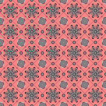 Seamless pattern of geometric floral designs on red vector