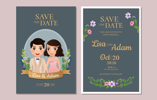 Save the Date Cards with Couple in Blue Frame vector