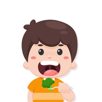 Vector cartoon boy eating a broccoli Healthy vegetables are a delicious breakfast.