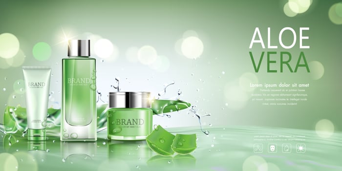 Cosmetic bottle with aloe vera and water background vector