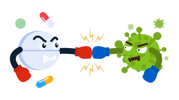 Cartoon pill fighting with virus vector
