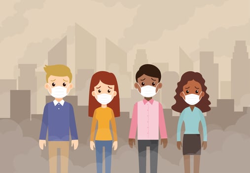 People wearing protective masks in contiminated city vector