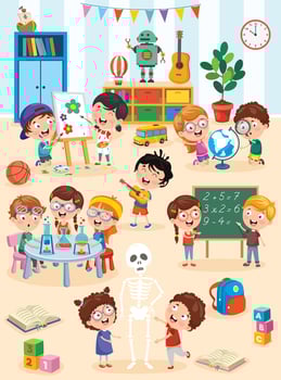 Little Children Studying And Playing At Preschool Classroom vector