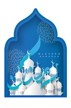 Ramadan Kareem Calligraphy Blue Paper Style Design vector