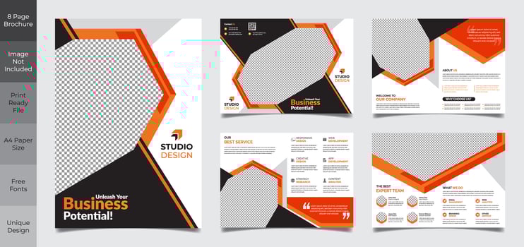 8 Page Black and Orange Corporate Business Brochure Template vector