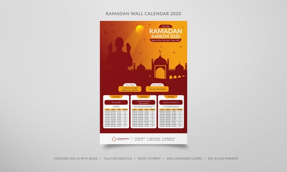 Orange and red silhouette Ramadan 2020 wall calendar vector