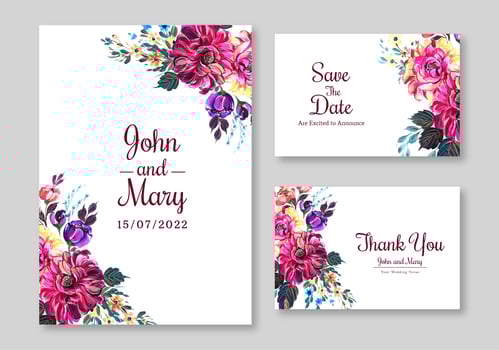 Pink Purple Bouquet Wedding Invitation Set  vector