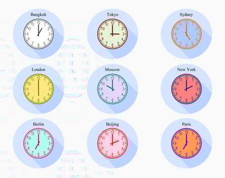 Set of world time zone analog clocks vector