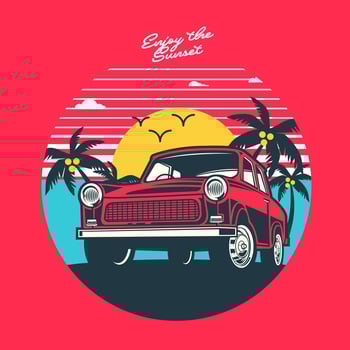 Retro sunset and car design vector