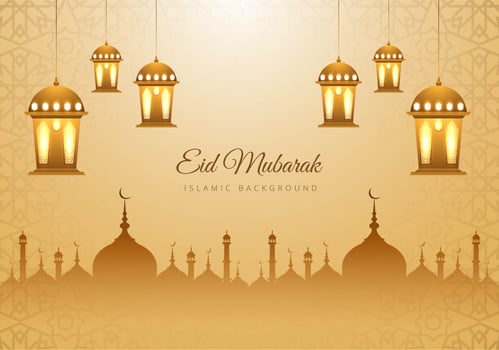 Islamic Eid Mubarak Tan Mosque Silhouette Lanterns Background vector