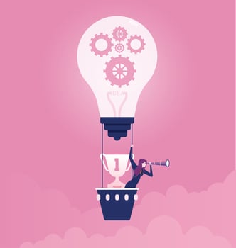 Business woman with telescope in bulb air balloon vector