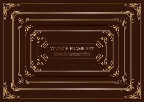 Set Of Seven Gold Rectangular Vintage Frames Isolated On A Dark Background. vector