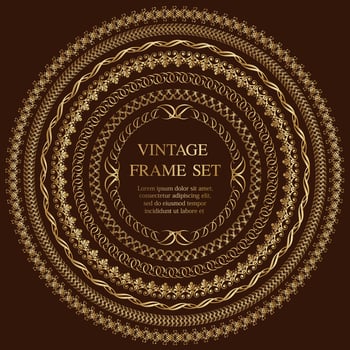 Set Of Seven Gold Round Vintage Frames Isolated On A Dark Background. vector