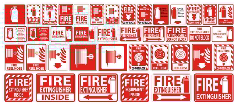 Fire Hose and Extinguisher Sign or Label Set vector