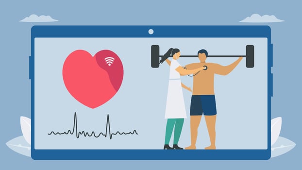 Wireless digital stethoscope assessment of man with barbell vector