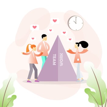 Team work concept with characters around pyramid vector