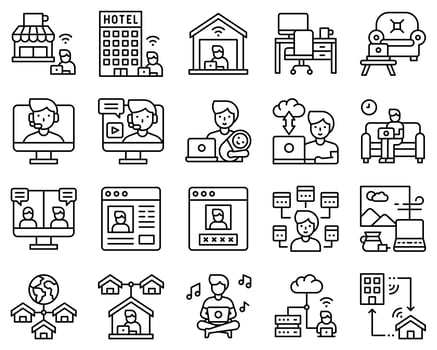 Black and white work from home icon set, male version vector