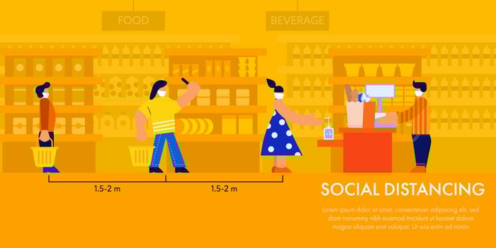 Social distancing in line at supermarket vector
