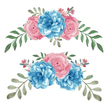 Watercolor blue pink hand painted rose curved set  vector