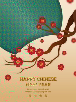 Chinese blossom branch with gold and green pattern moon vector