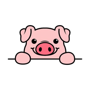 Cute pig paws up over wall, pig face cartoon icon vector