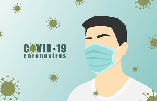 Poster with Coronavirus cells and man wearing mask vector