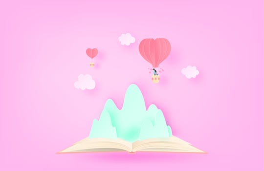 Couple in air balloon floating over mountain and book vector